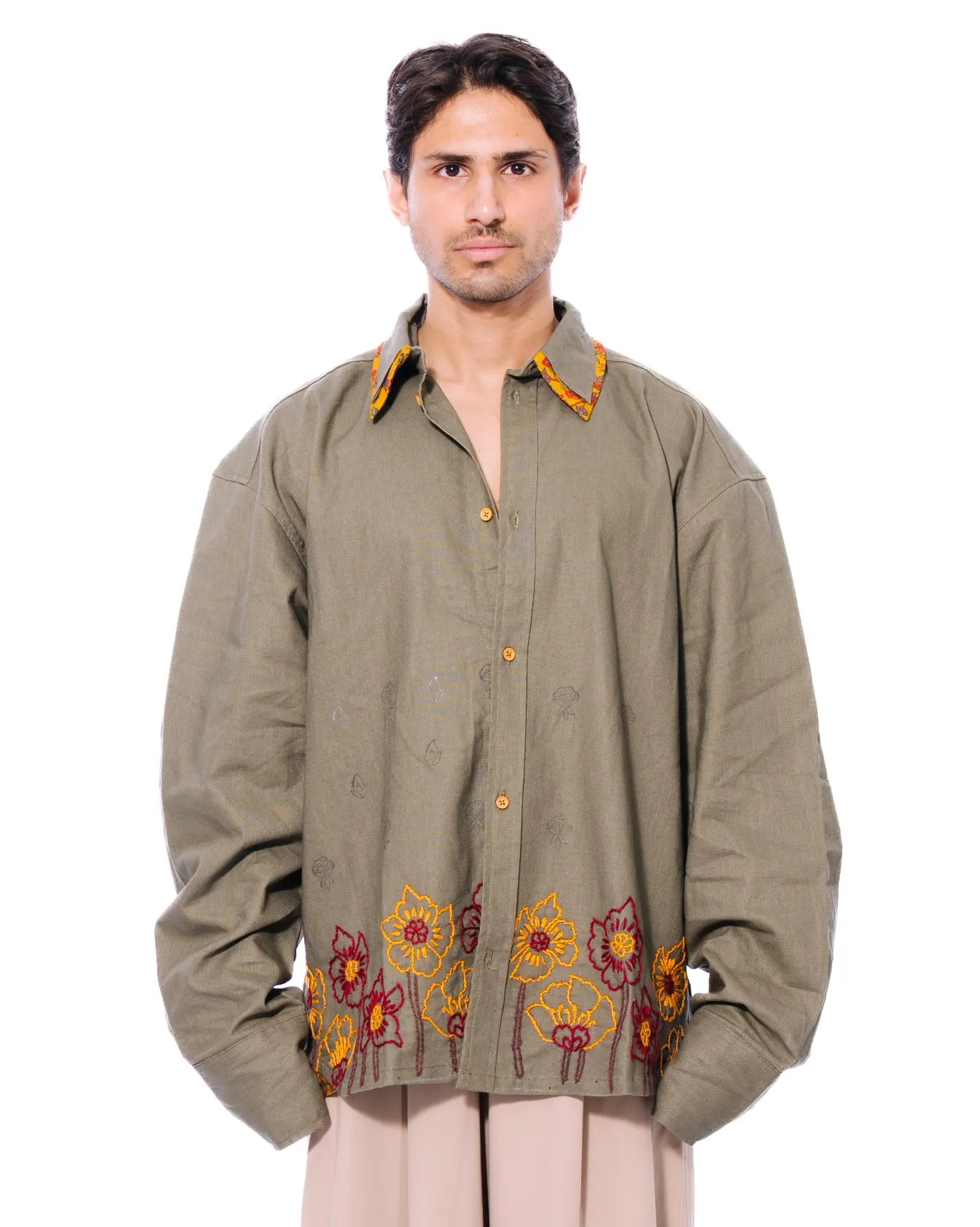 Green Double Collar Linen Shirt