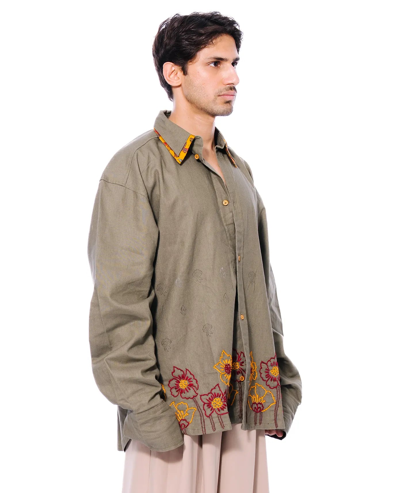 Green Double Collar Linen Shirt