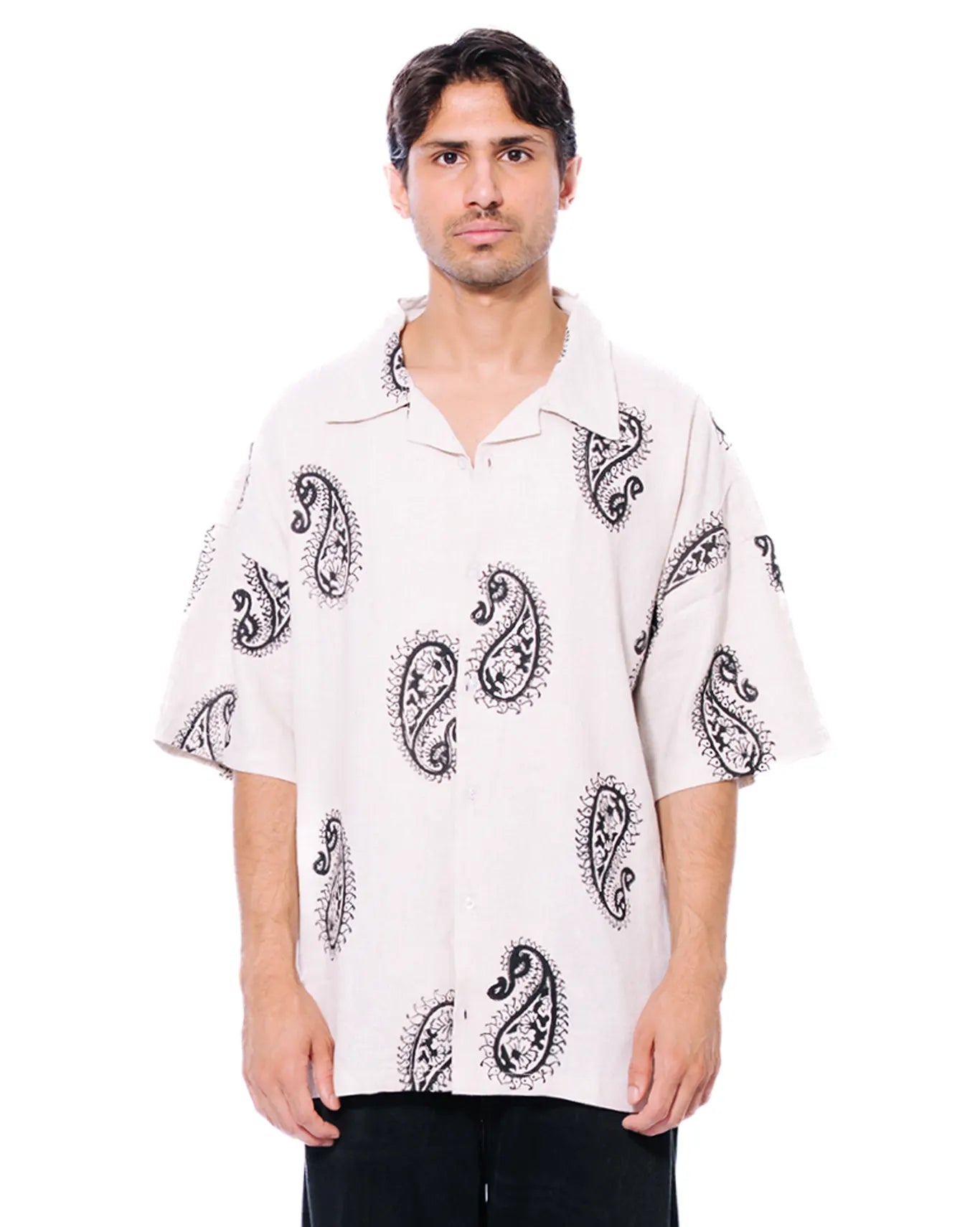 Collected Xx Off White Block Print Linen Shirt
