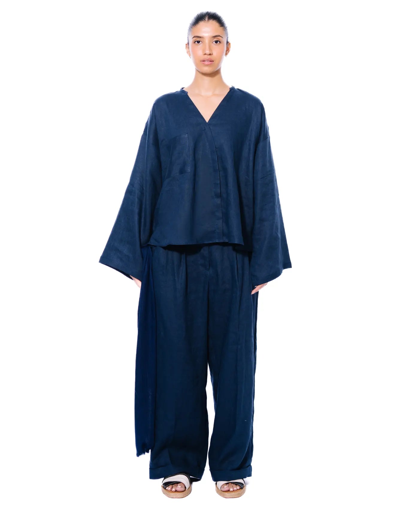 Curated Official Blue Linen Set with Scarf Drape Cult PK Sets