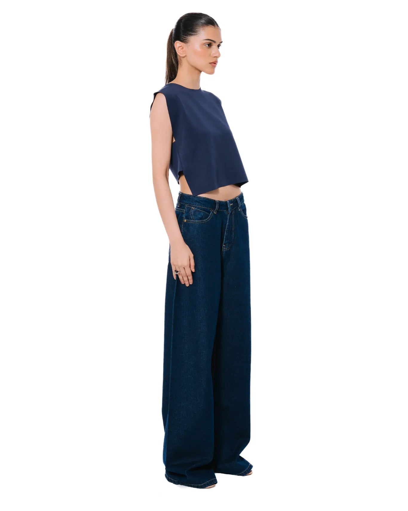 Koyo Navy Blue Hi-Lo Crop Top Cult Karachi