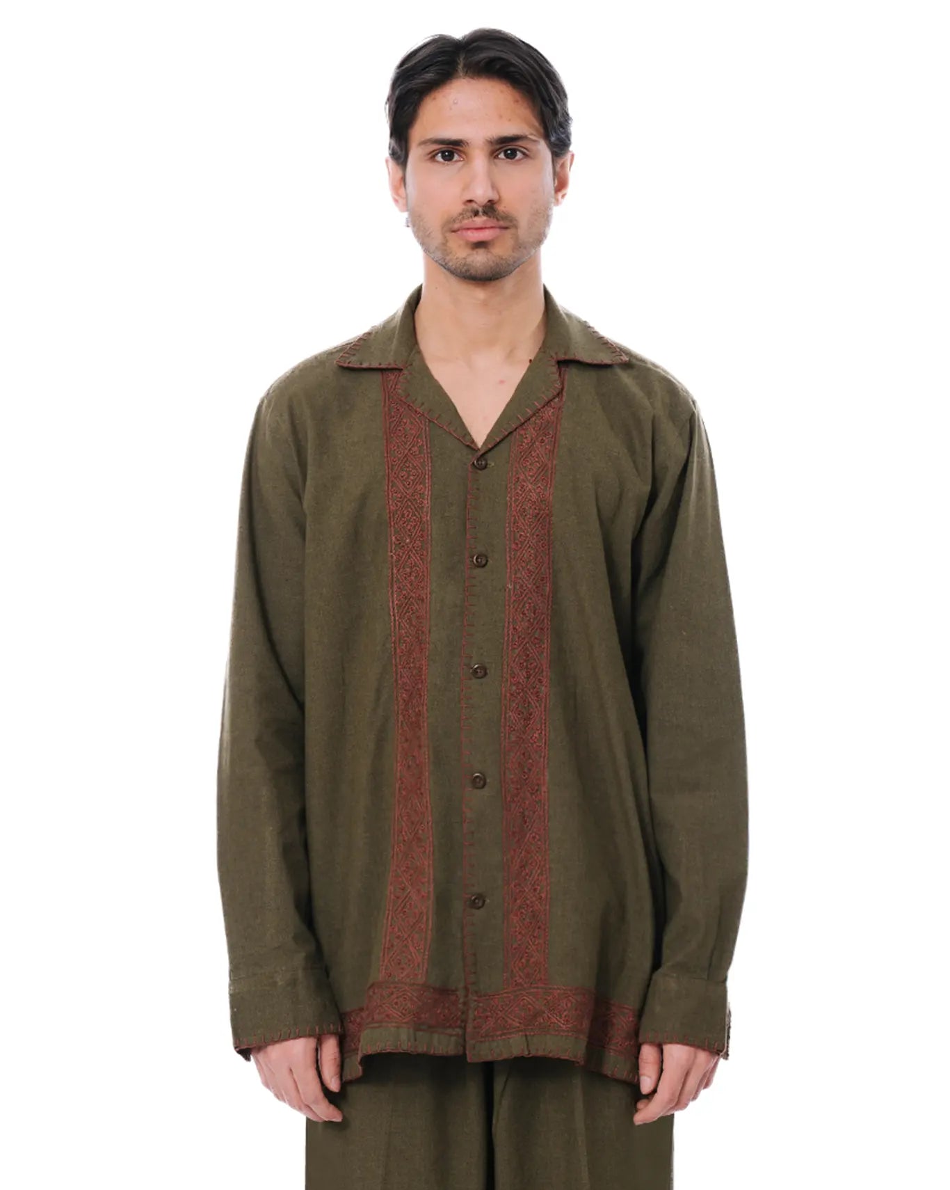 wear oga Moss Green Organic Hand Embroided Shirt cult men