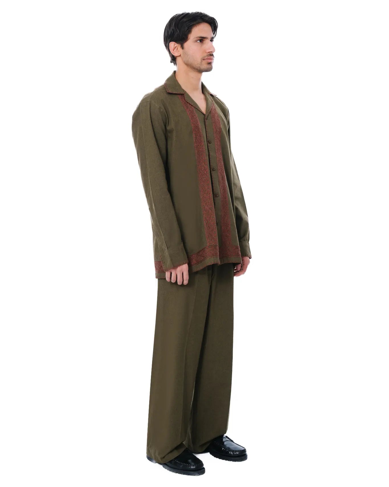 wear oga Moss Green Organic Hand Embroided Shirt cult men