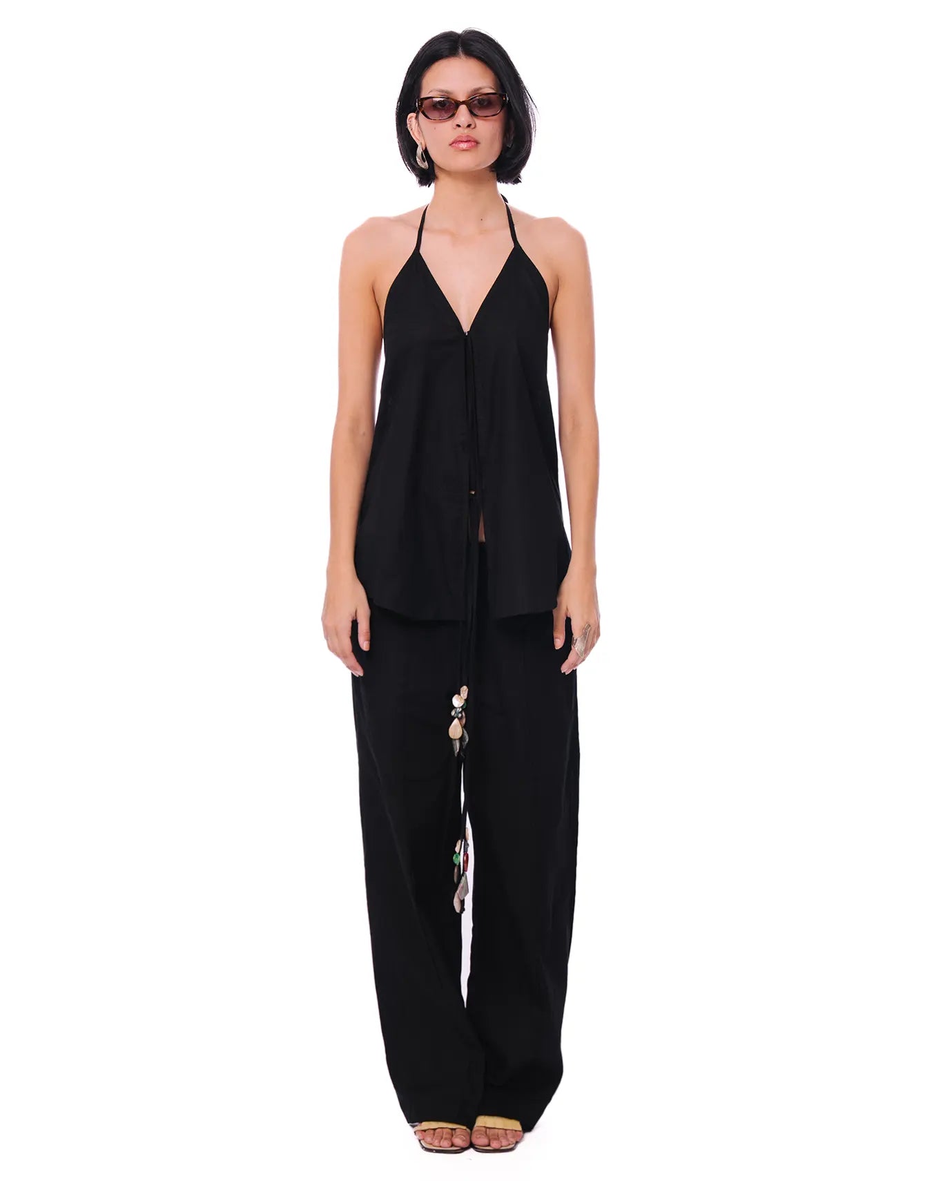 Curated Official Black Black Boho Halter Linen Set with Stones - CULT - haider