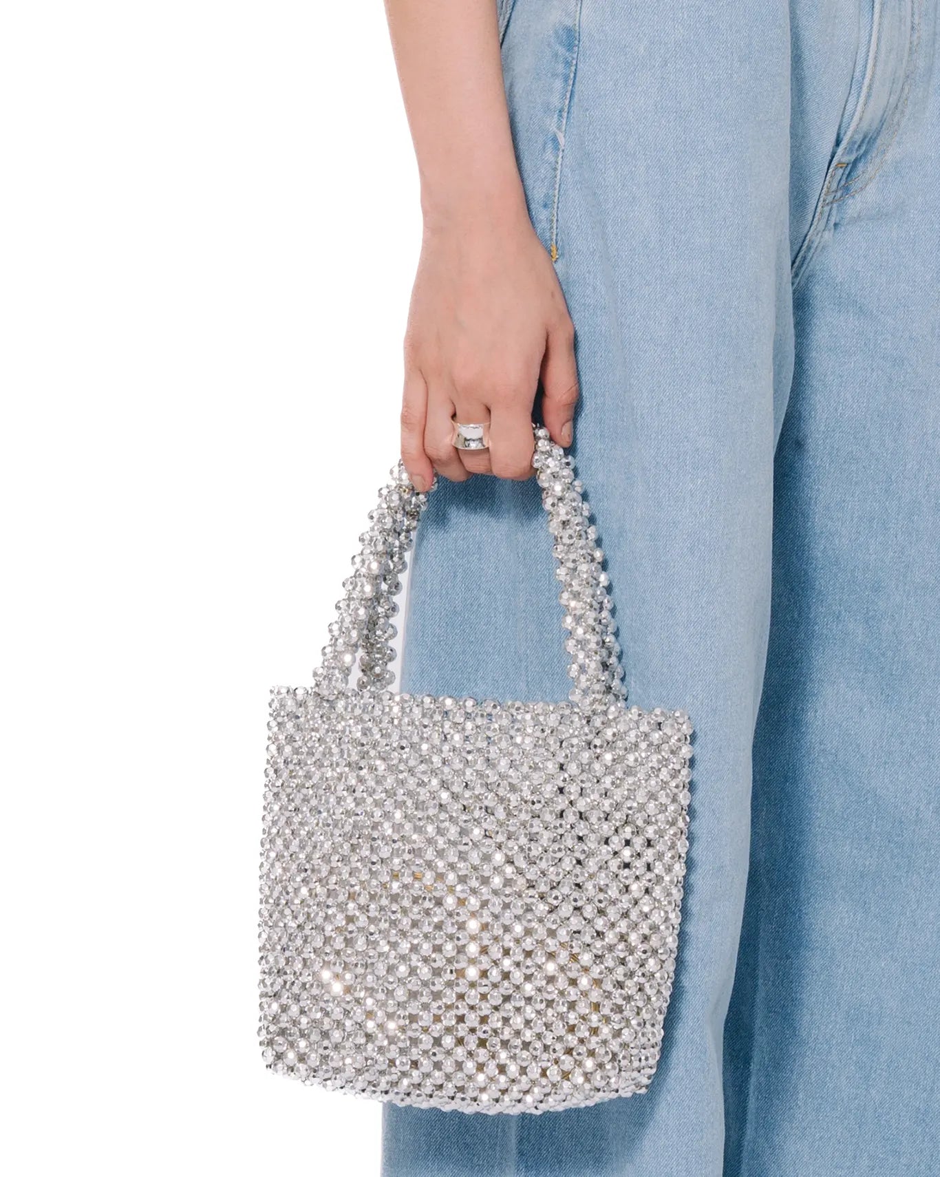 Mirror Silver Beaded Statement Bag