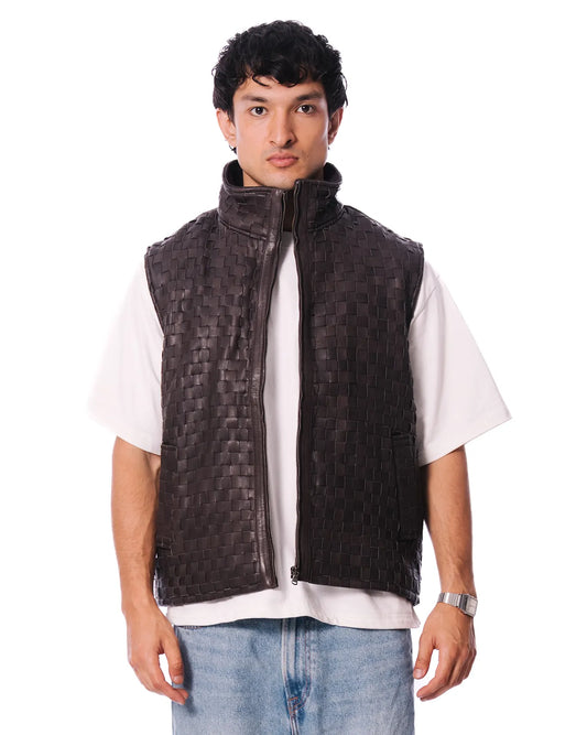 Brown Leather Braided Vest