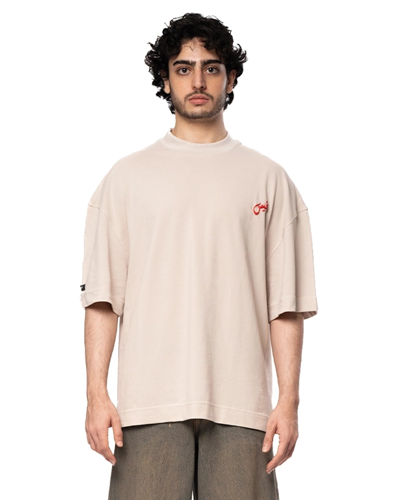Naees Beige Tee Red Logo Cult Karachi Pakistan