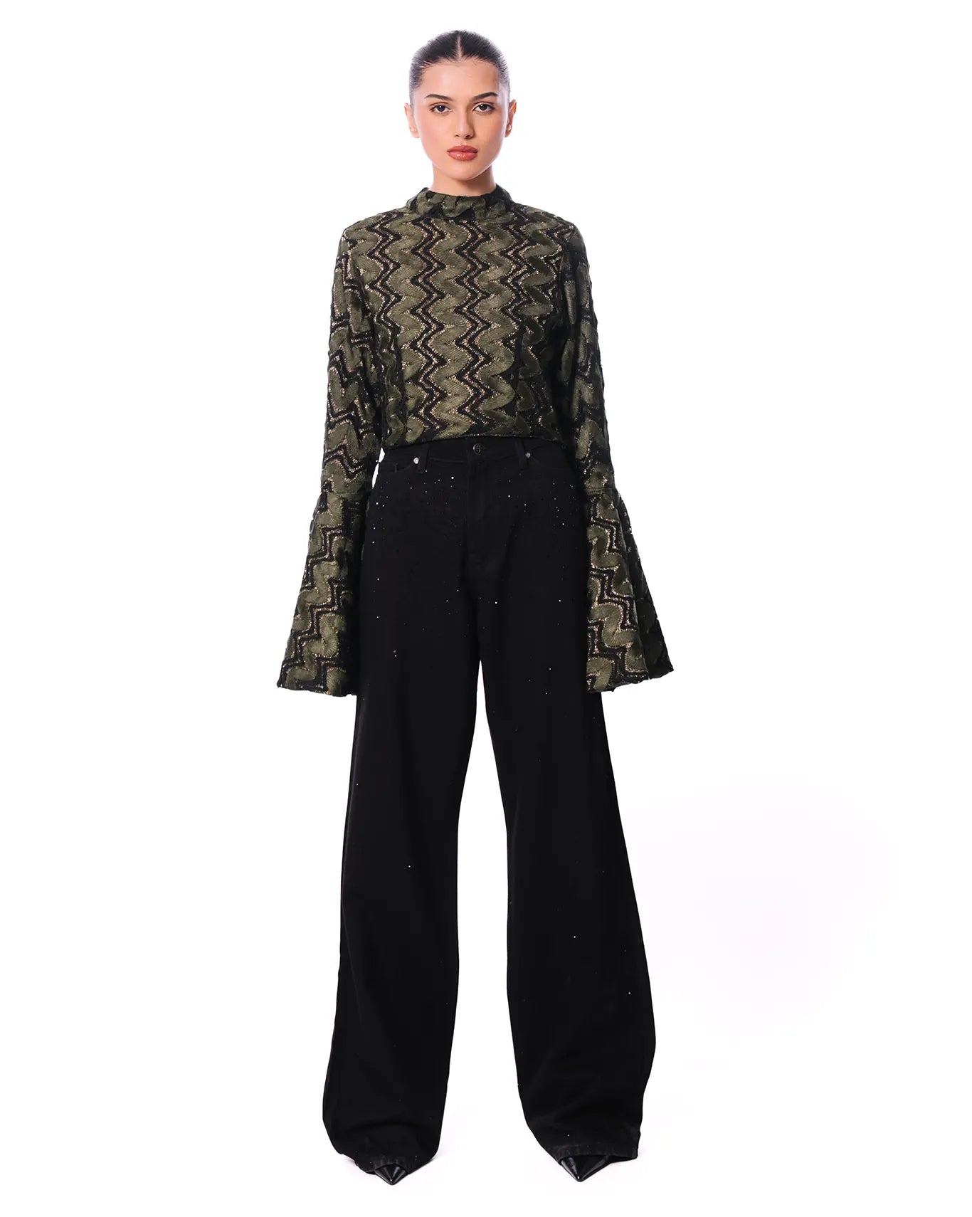 Collected XX Green Naag Bell Sleeves Top - CULT - haider