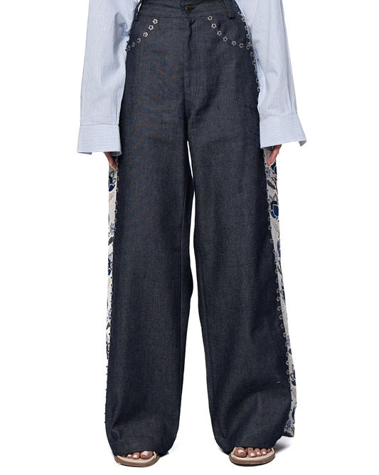 Collected XX Blue Kasur Jacquard Wide Leg Jeans Cult Karachi Pakistan