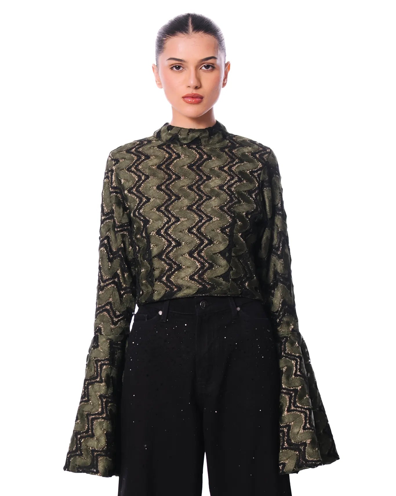 Collected XX Green Naag Bell Sleeves Top - CULT - haider