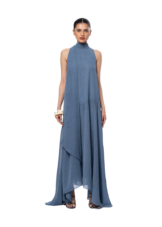 Blue Halter-Neck Layered Dress