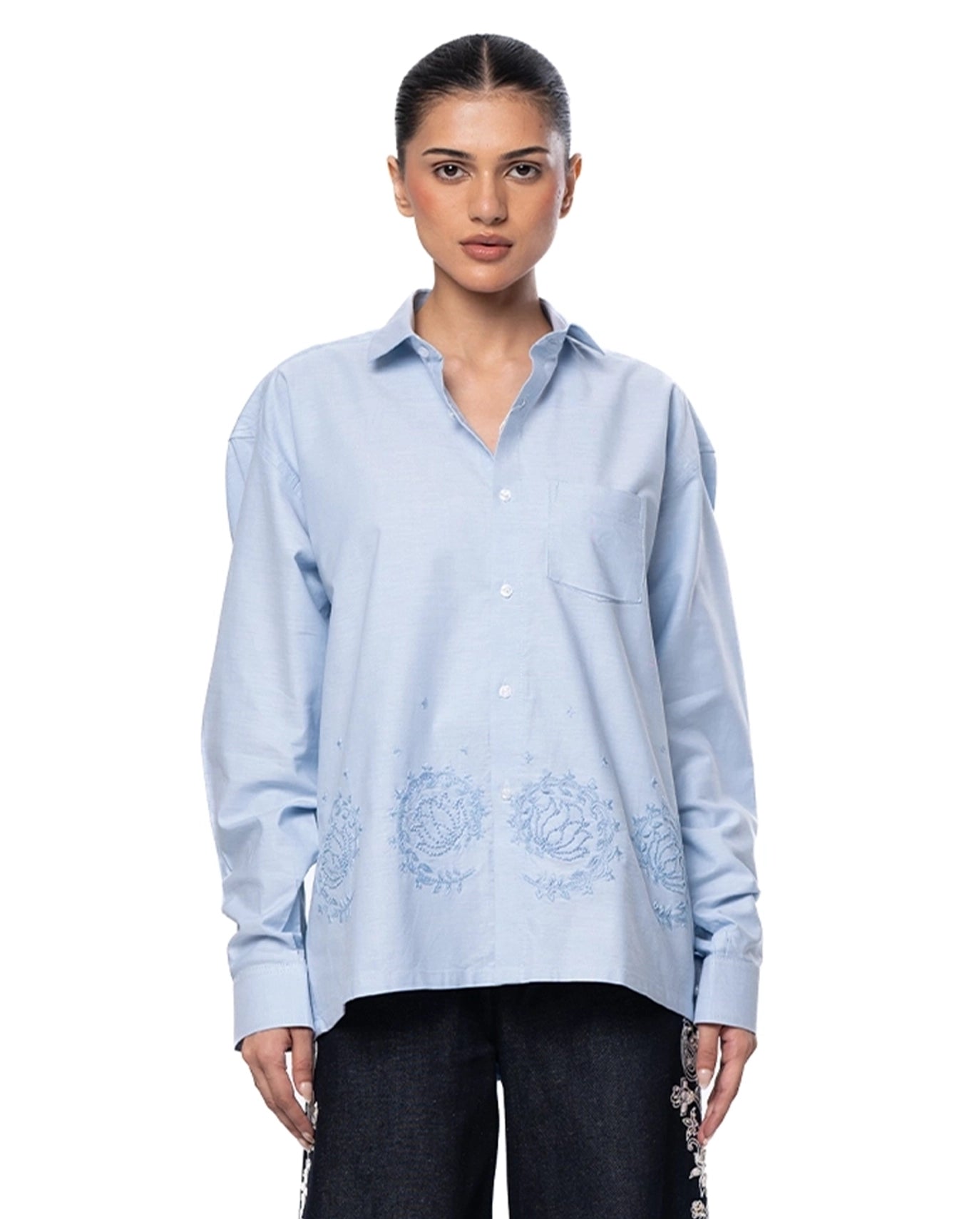 Another Sect Blue Blue Bindu Hand Embroidered Boxy Cropped Shirt - CULT - haider