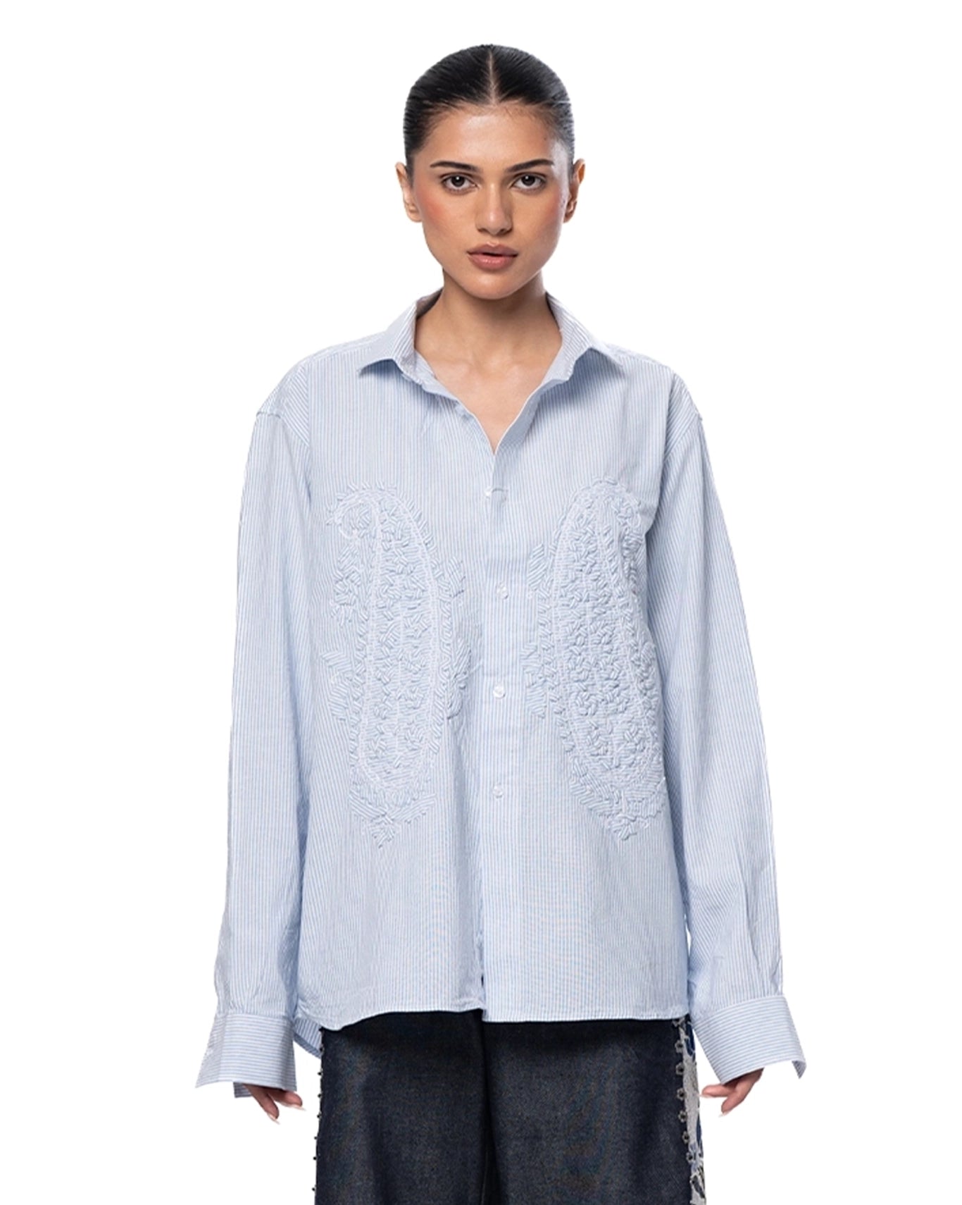Another Sect Blue Reet Paisley Applique Shirt Cult Karachi Pakistan