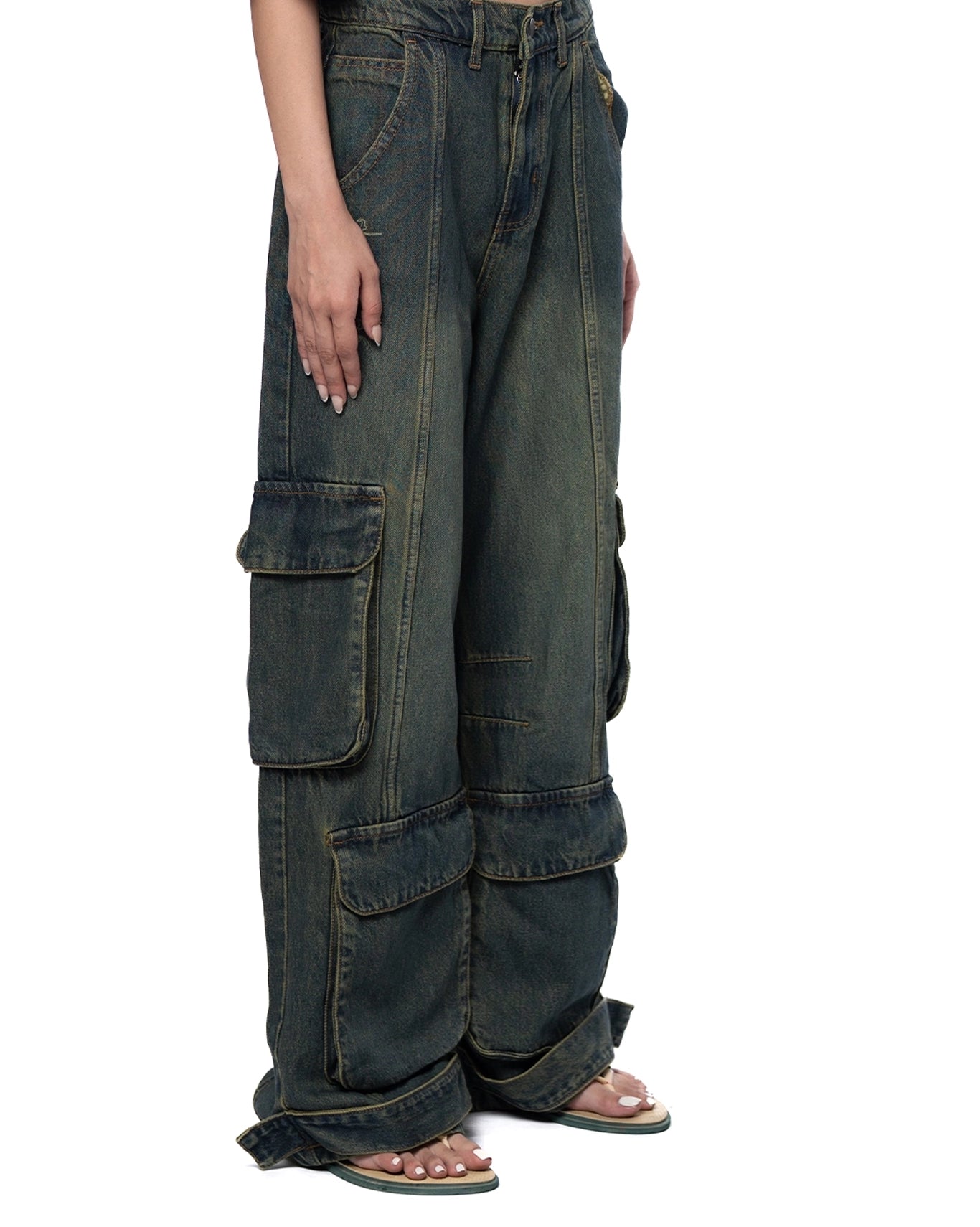 Naqees Green Washed Technical Green Cargo Jeans - CULT - haider
