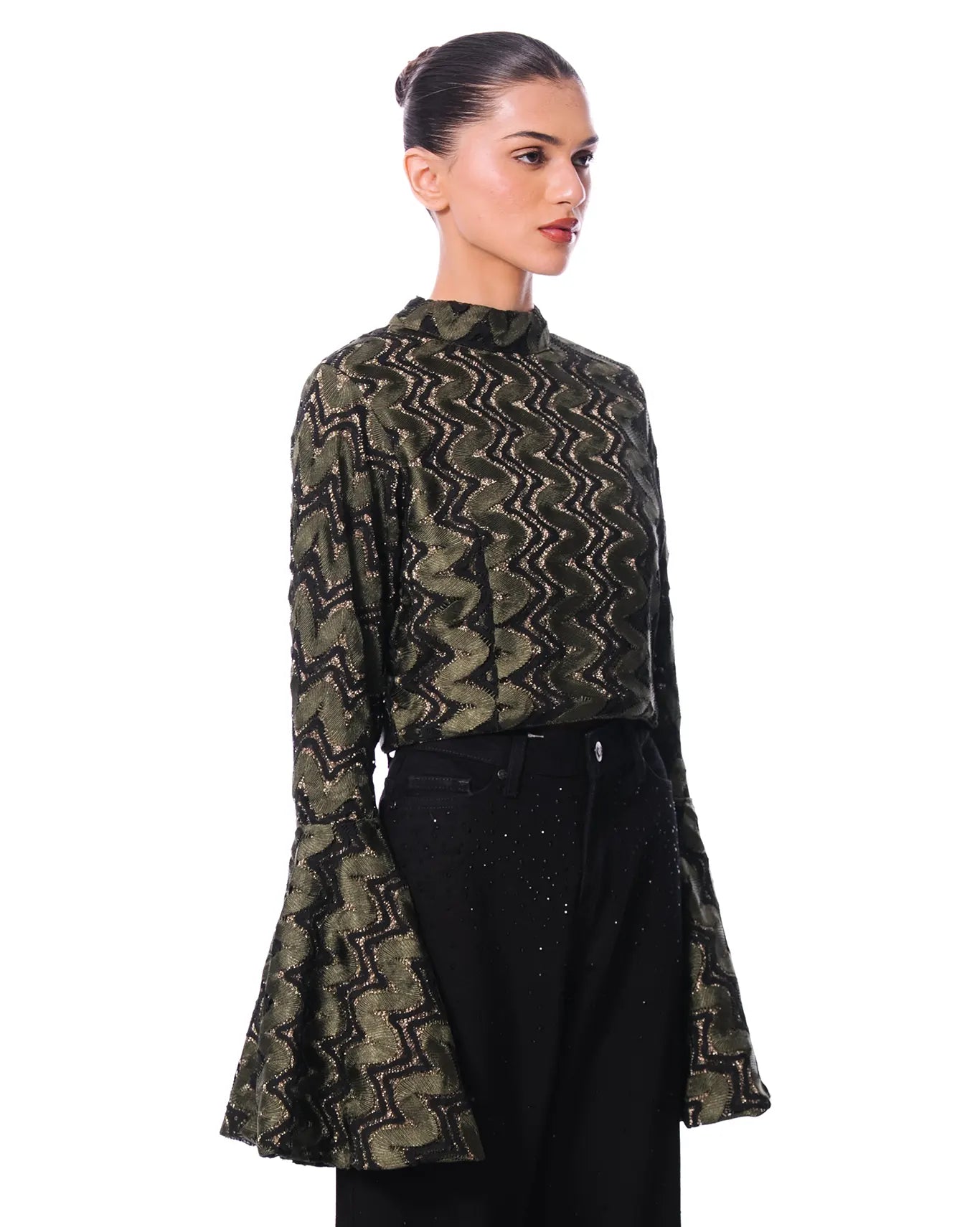 Collected XX Green Naag Bell Sleeves Top - CULT - haider