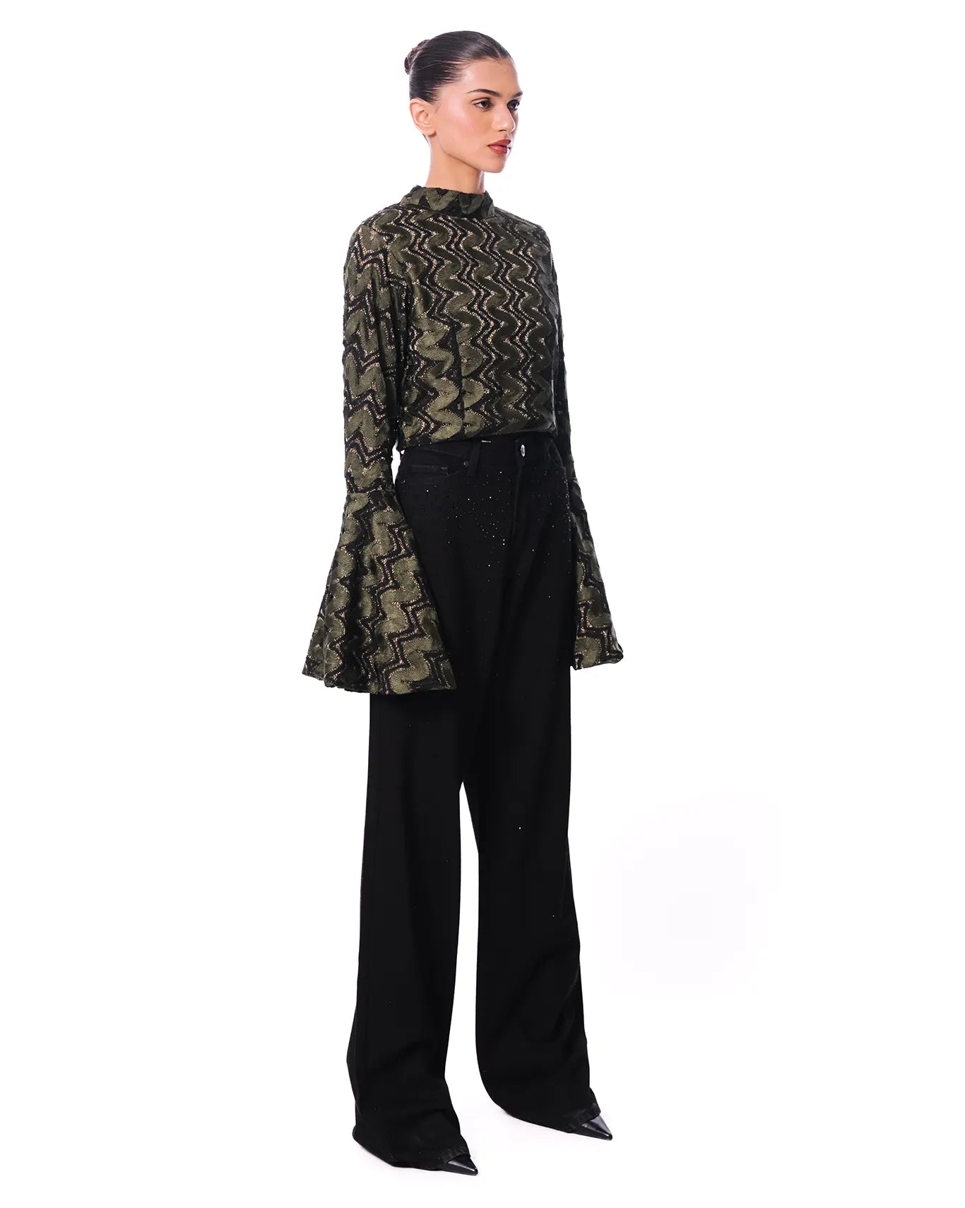 Collected XX Green Naag Bell Sleeves Top - CULT - haider