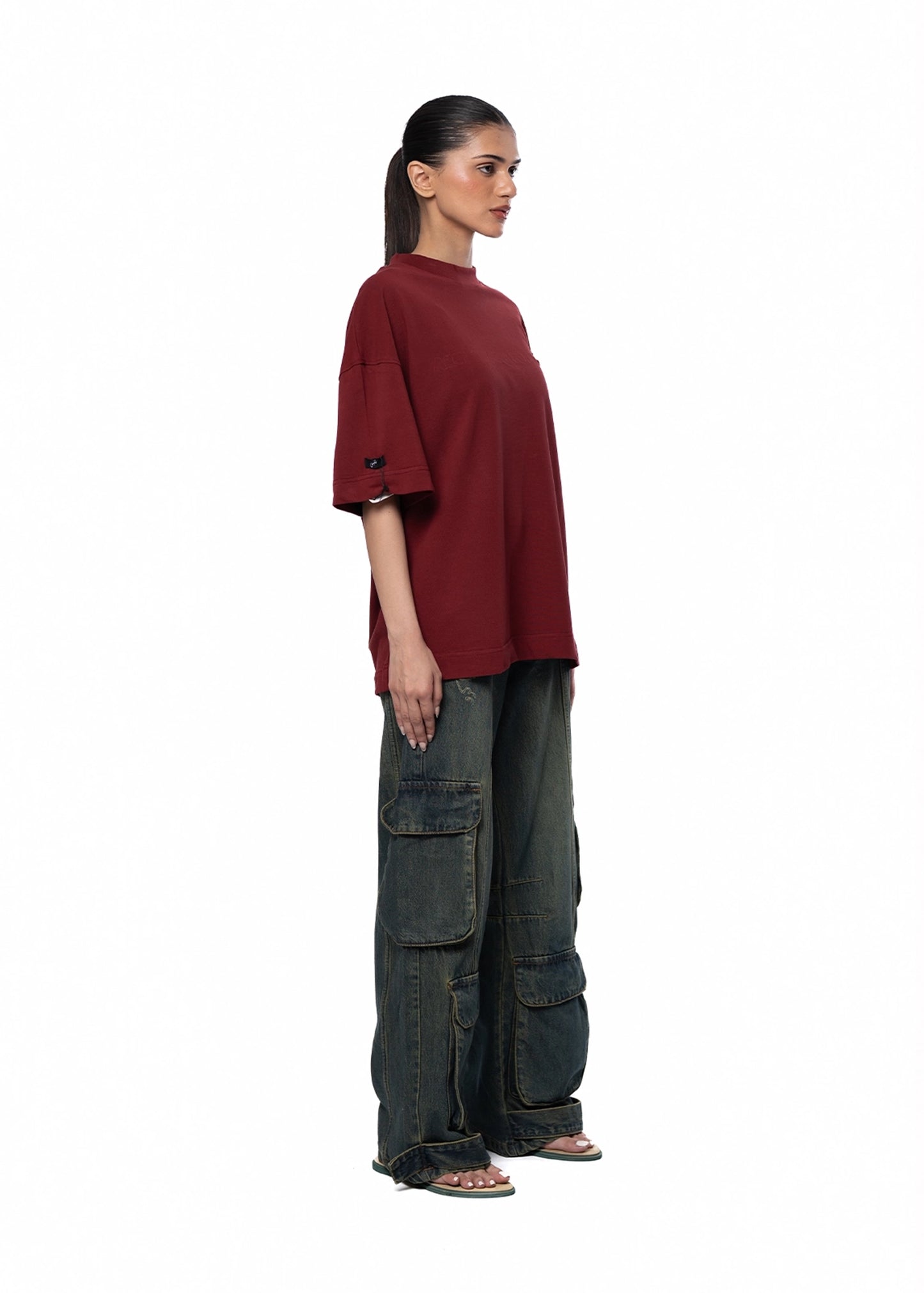 Naqees Maroon Maroon Tee White Logo - CULT - haider