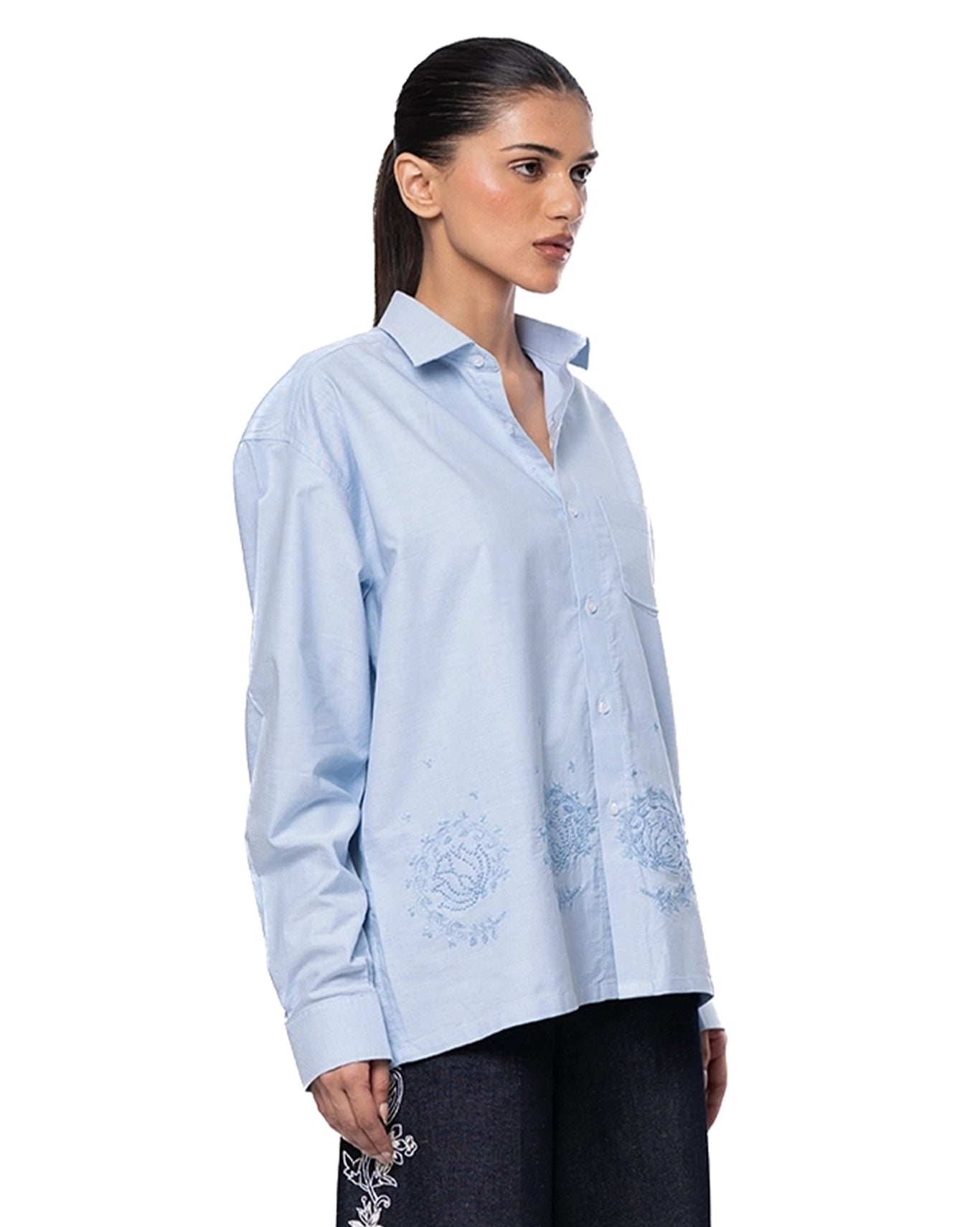 Another Sect Blue Blue Bindu Hand Embroidered Boxy Cropped Shirt - CULT - haider
