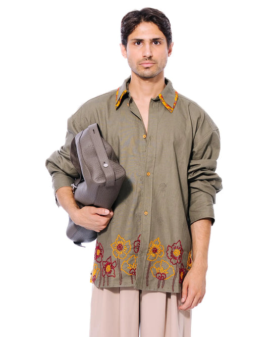 Green Double Collar Linen Shirt