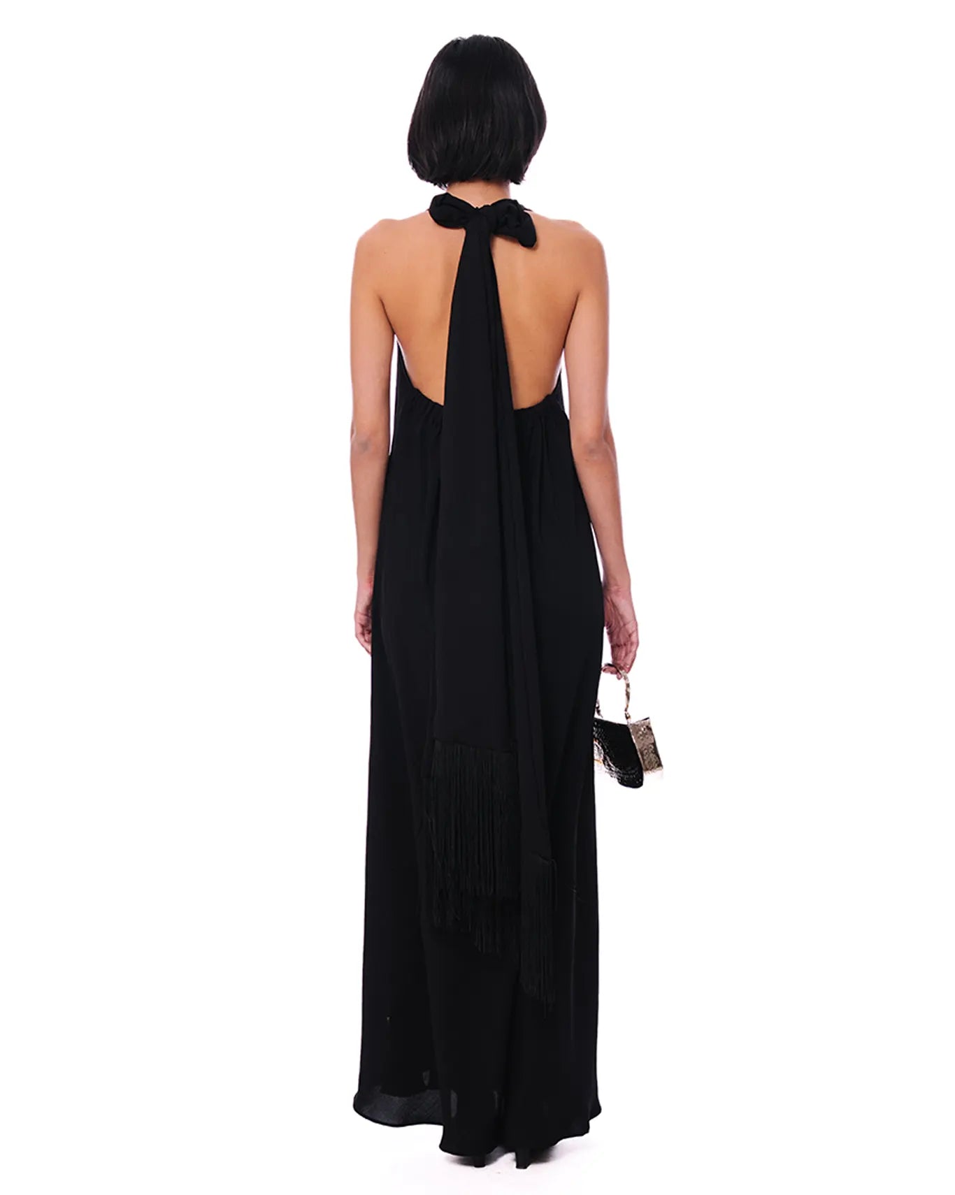 Curated Official Black Black Scarf Drape Dress with Fringe - CULT