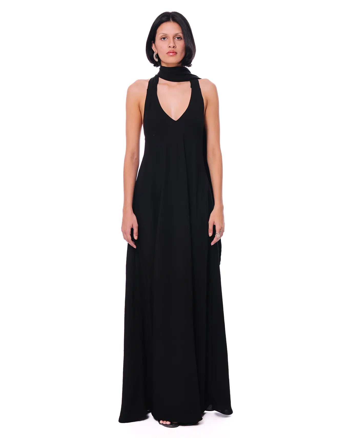 Curated Official Black Scarf Drape Dress with Silver Bead Fringe - CULT