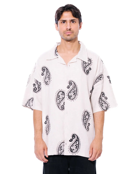Collected Xx Off White Block Print Linen Shirt