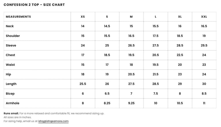 Size Guide for The White Confession 2.0