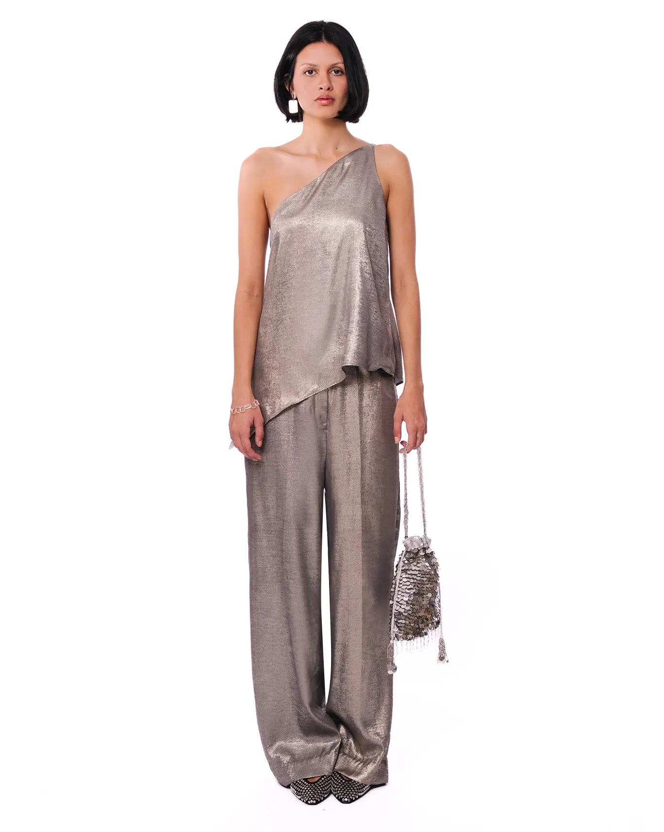 Curated official Silver Metallic One Shoulder Set cult karachi store pakistan women