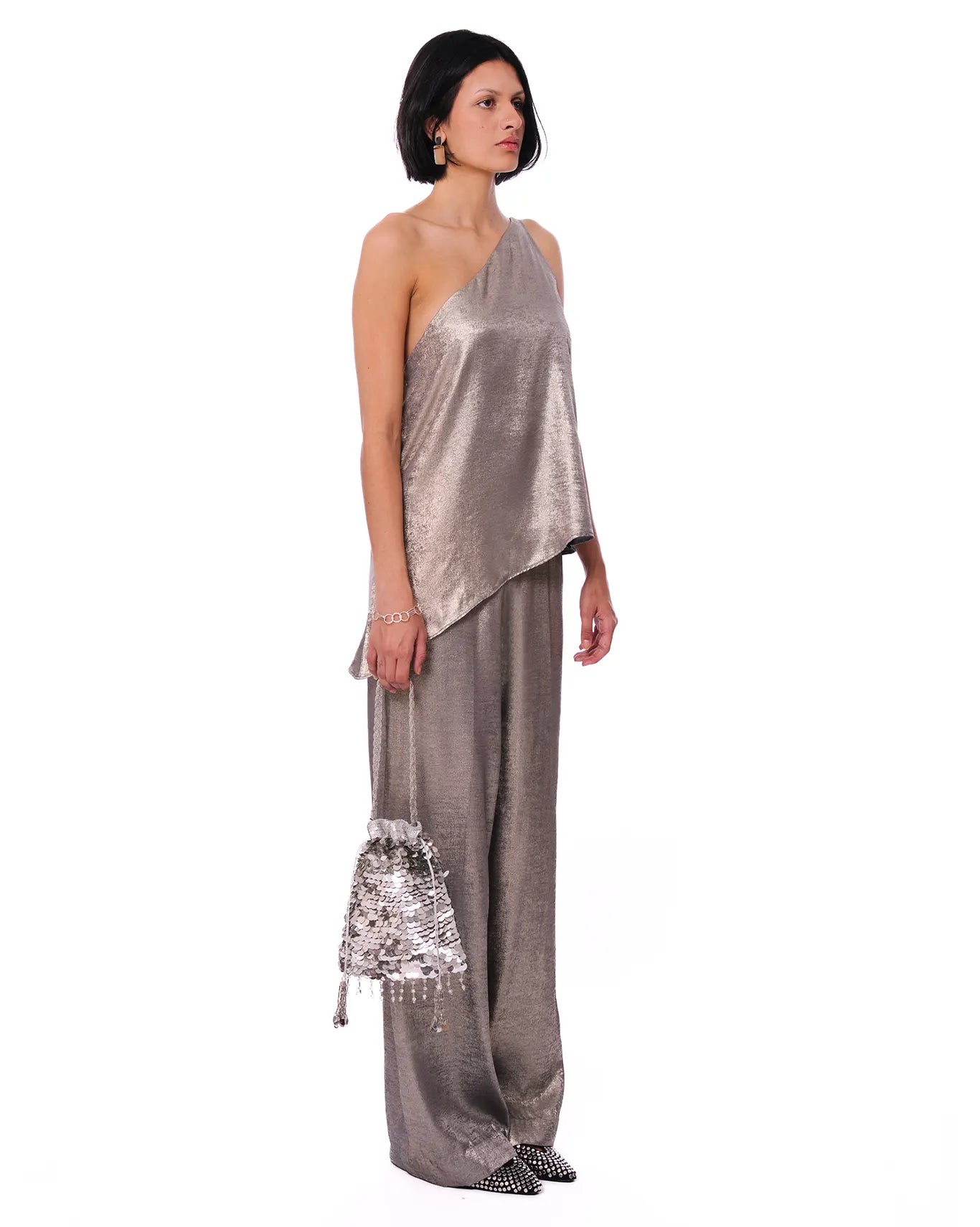Curated official Silver Metallic One Shoulder Set cult karachi store pakistan women