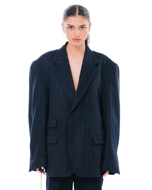 Cyanide Navy Wool Flannel Pinstripe Blazer cult store