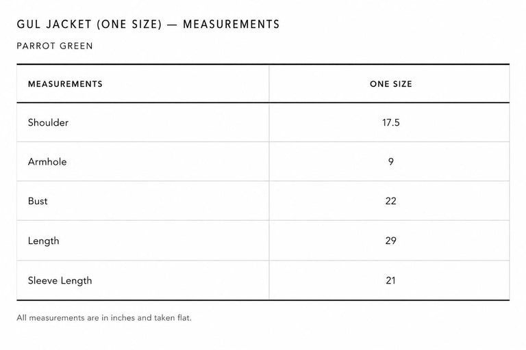 Size Guide for The Green Gul Jacket