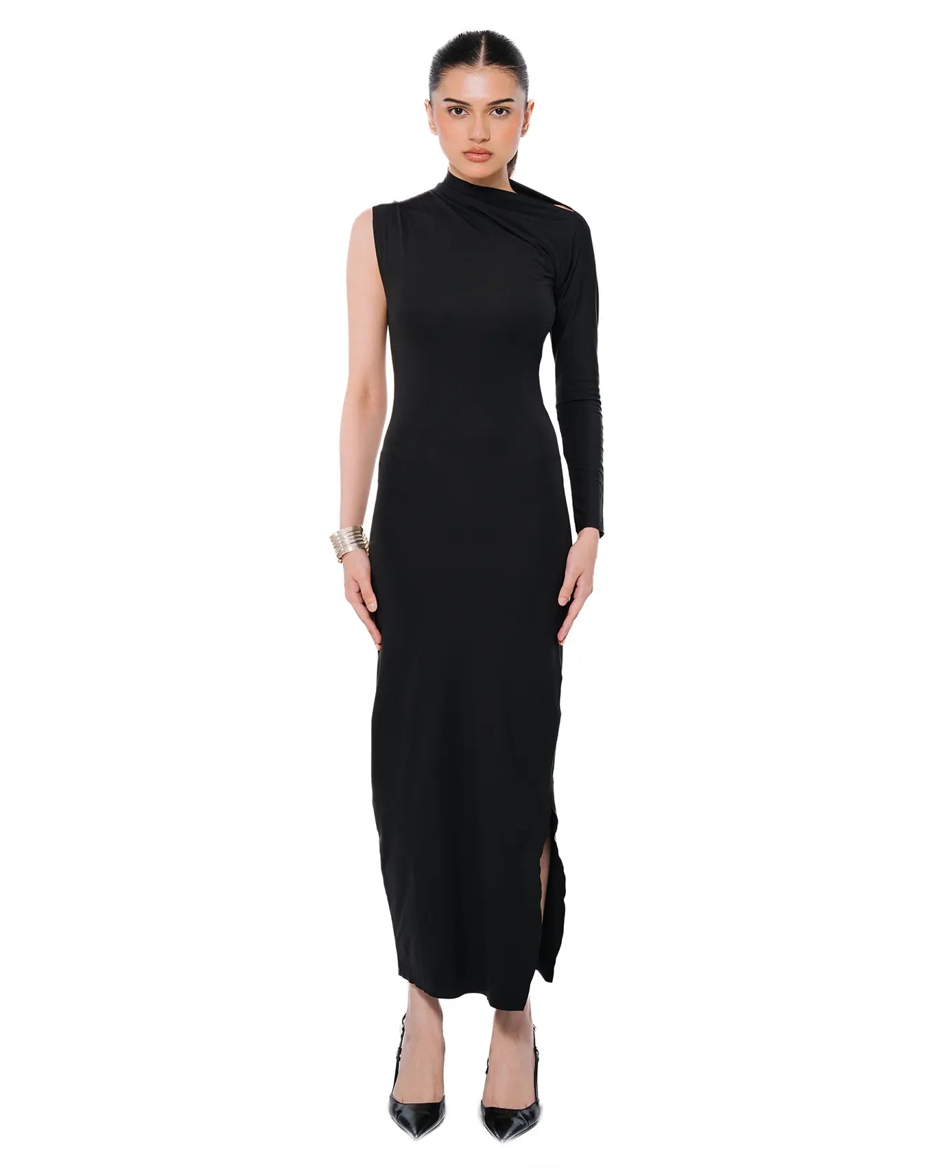 Koyo Asymmetric Pulled Neck Dress In Black Cult Store