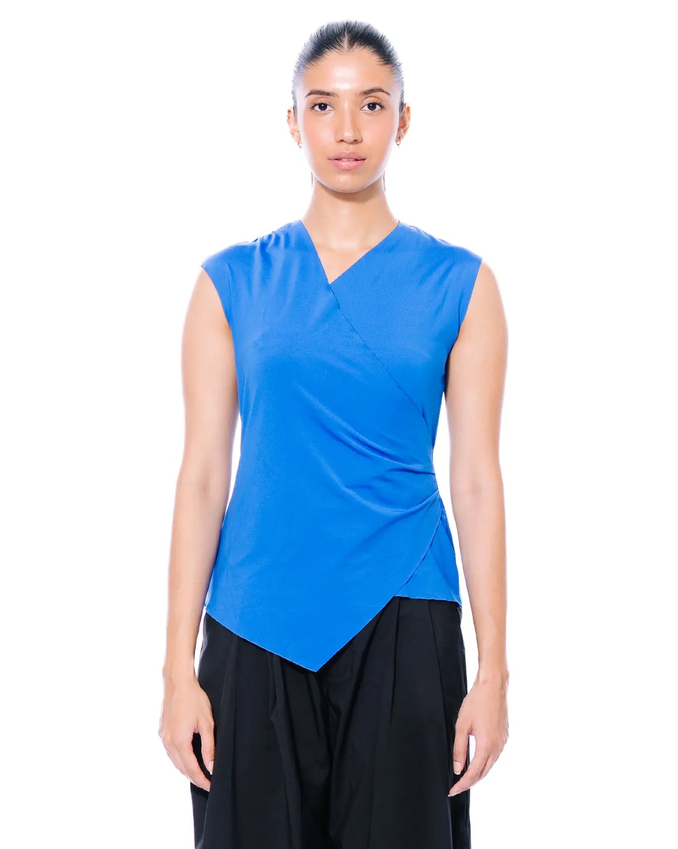 Koyo Blue Cobalt Blue Pleated Overlap Top - CULT - haider