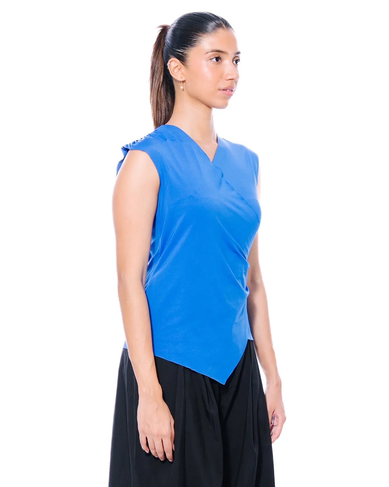 Koyo Blue Cobalt Blue Pleated Overlap Top - CULT - haider