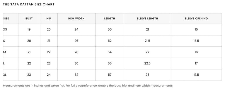 Size Guide for Midnight Blue Safa Kaftan in Linen