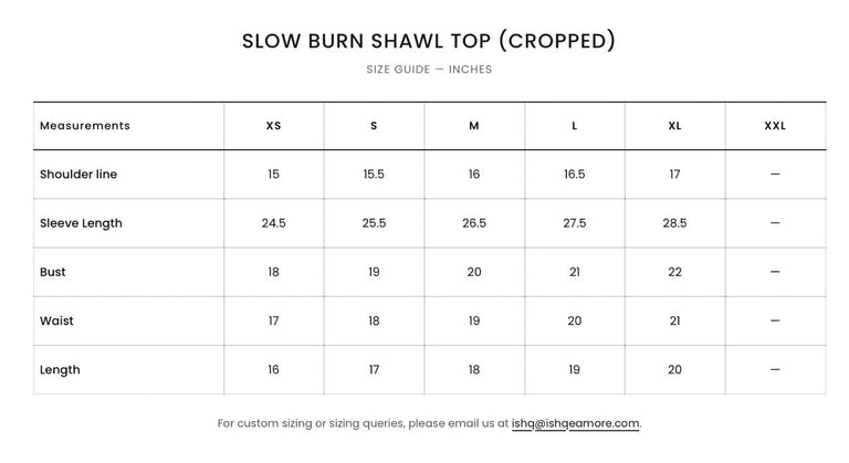 Size Guide for The Black Slow Burn Shawl Top