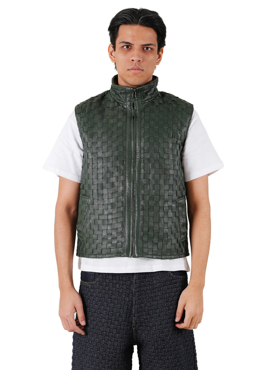Green Leather Braided Vest
