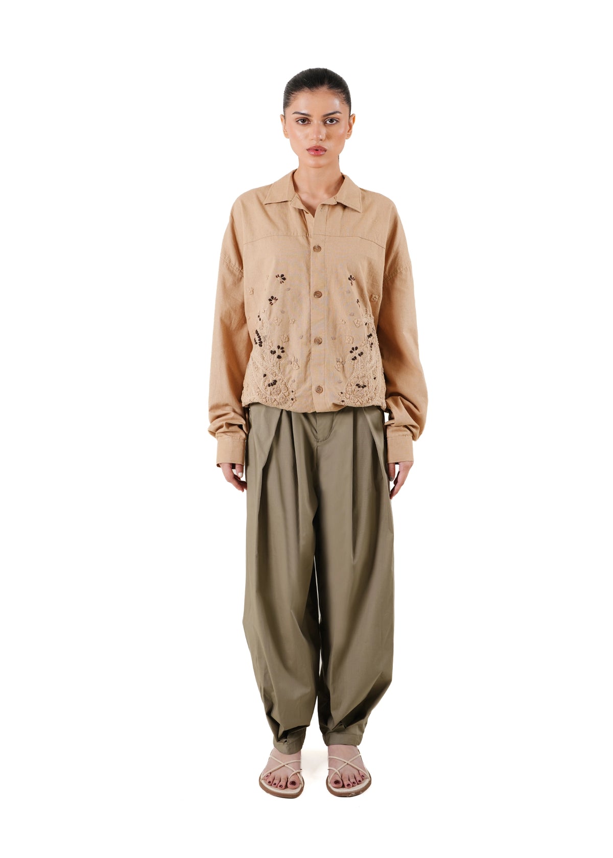 Another Sect Beige Beige Dharani Hand Appliqued Shacket - CULT