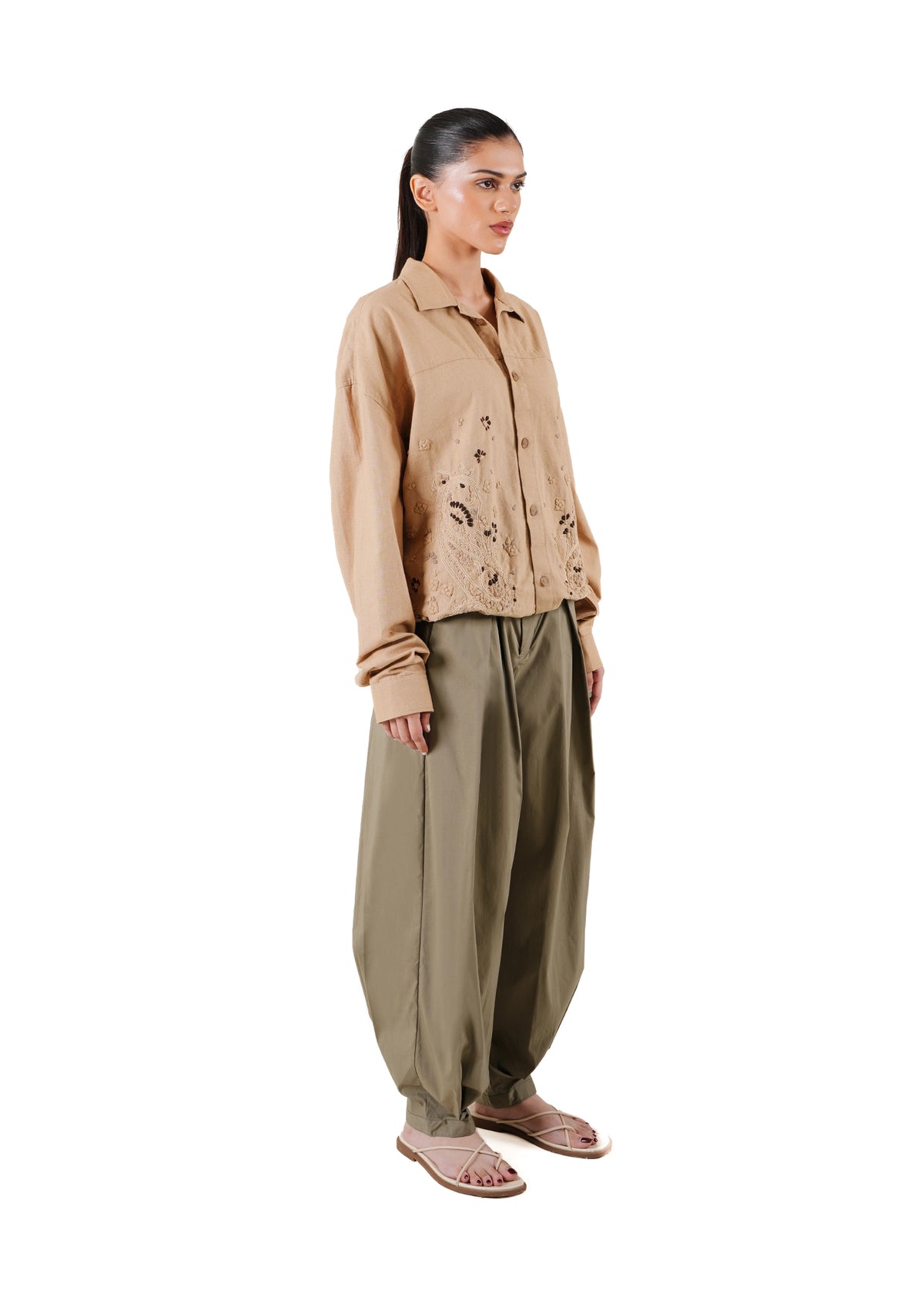 Another Sect Beige Beige Dharani Hand Appliqued Shacket - CULT - haider
