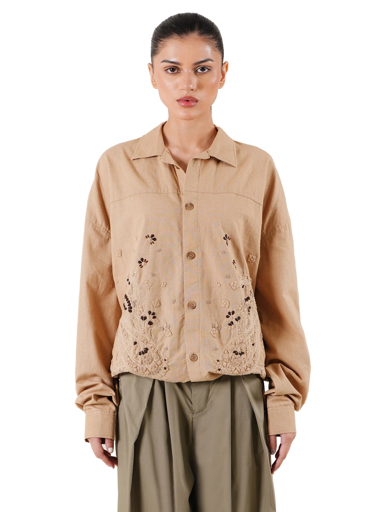 Another Sect Beige Beige Dharani Hand Appliqued Shacket - CULT