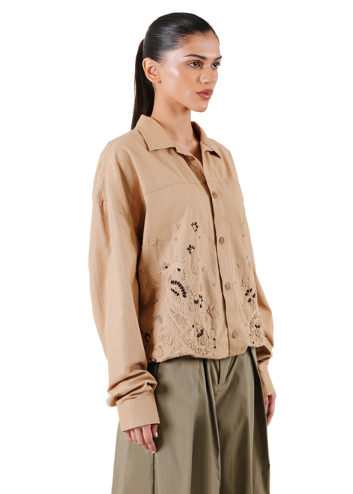 Another Sect Beige Beige Dharani Hand Appliqued Shacket - CULT - haider