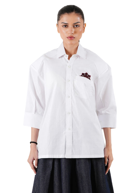 White Baloch Motif Boxy Shirt