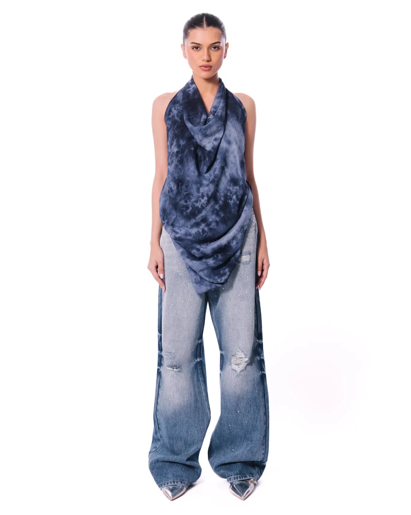 curated blue cowl drape top cult store pakistan