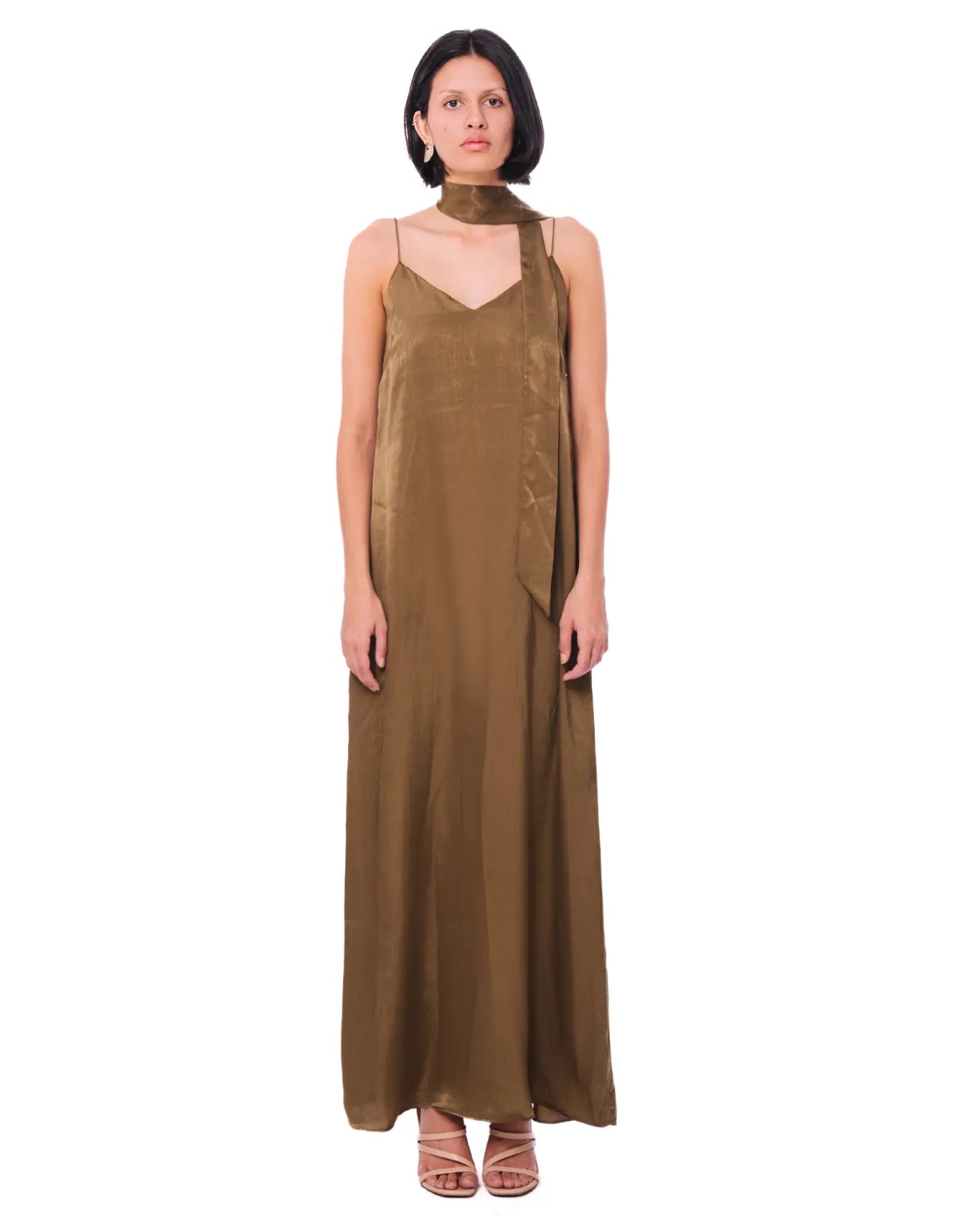 curated officiail Olive Green Slip Dress with Scarf Tie cult store women long brown