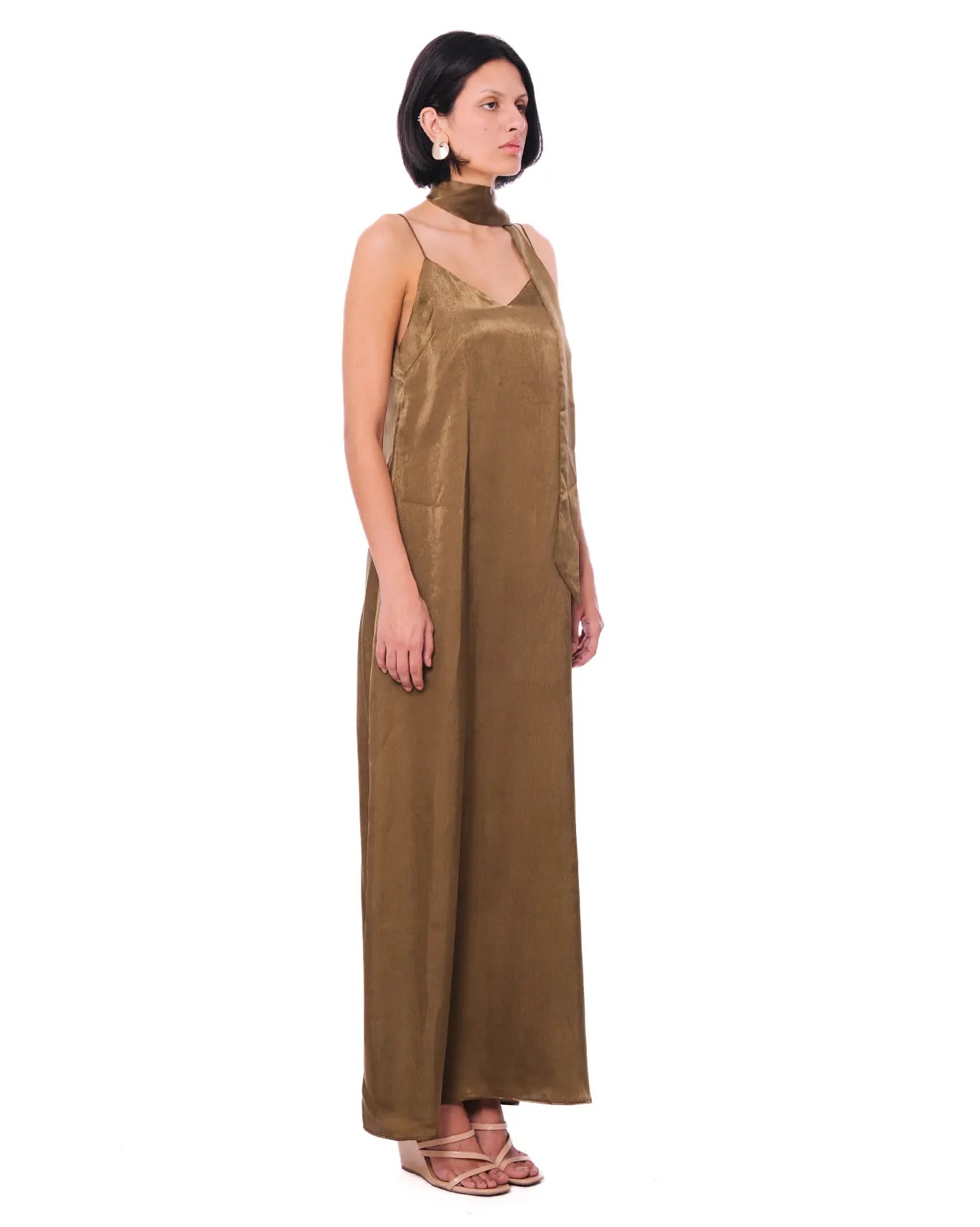 curated officiail Olive Green Slip Dress with Scarf Tie cult store women long brown