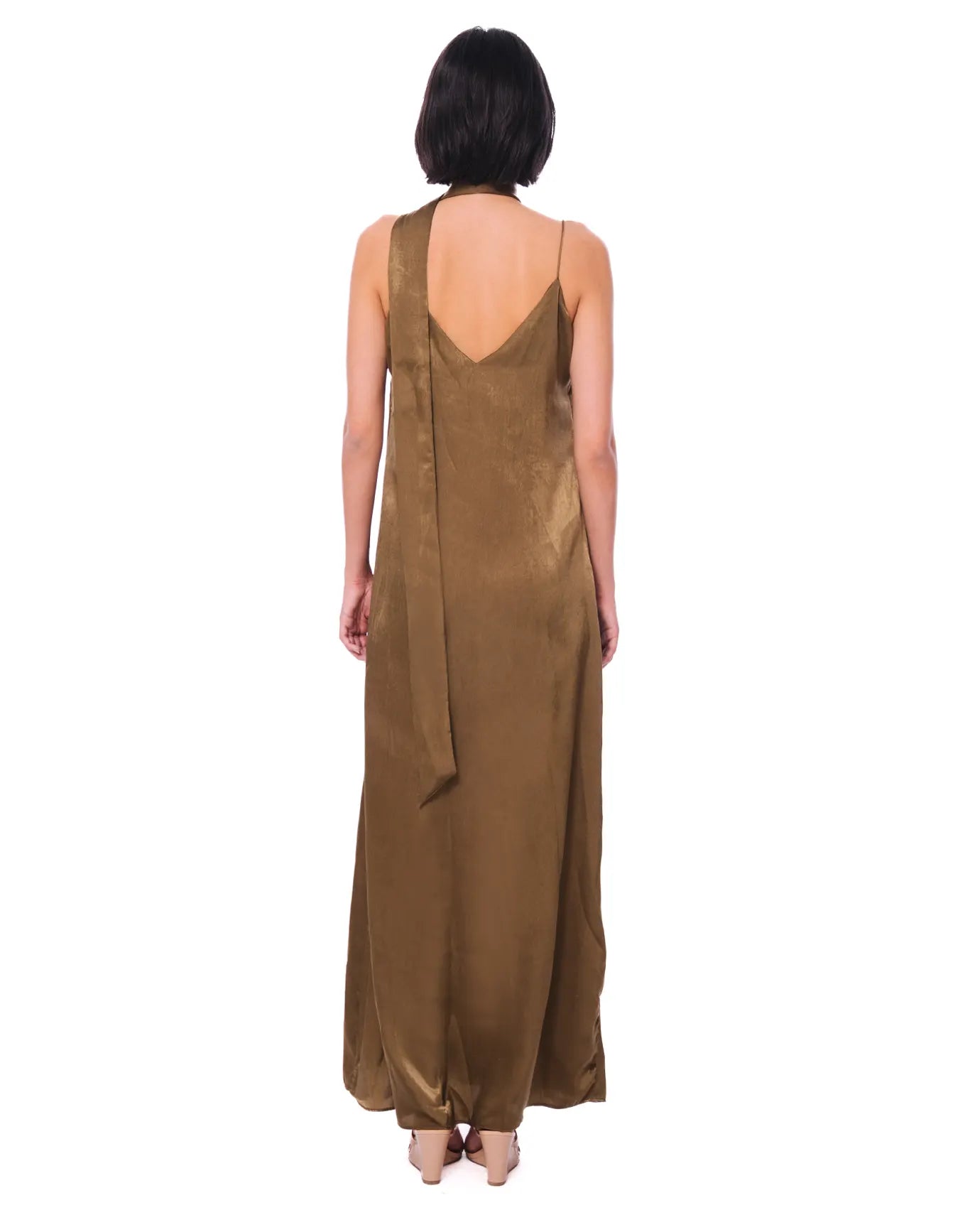curated officiail Olive Green Slip Dress with Scarf Tie cult store women long brown