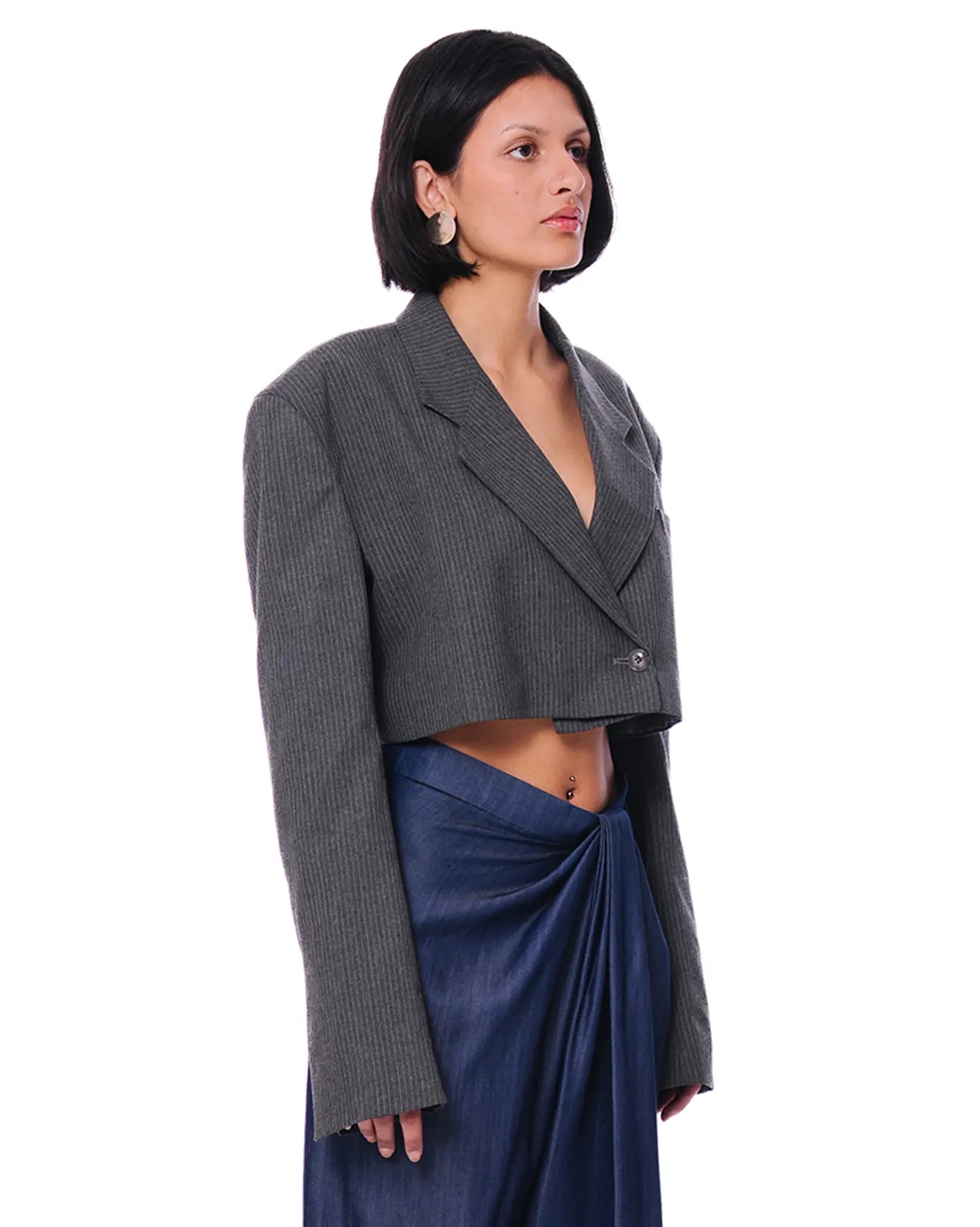 Cyanide Grey Grey Pinstripe Cropped Blazer - CULT - haider