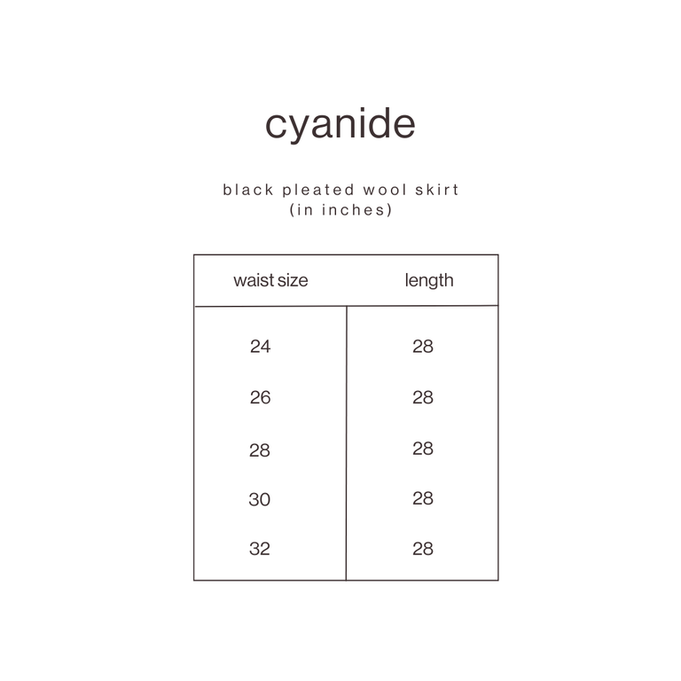 Size Guide for Black Pleated Wool Skirt