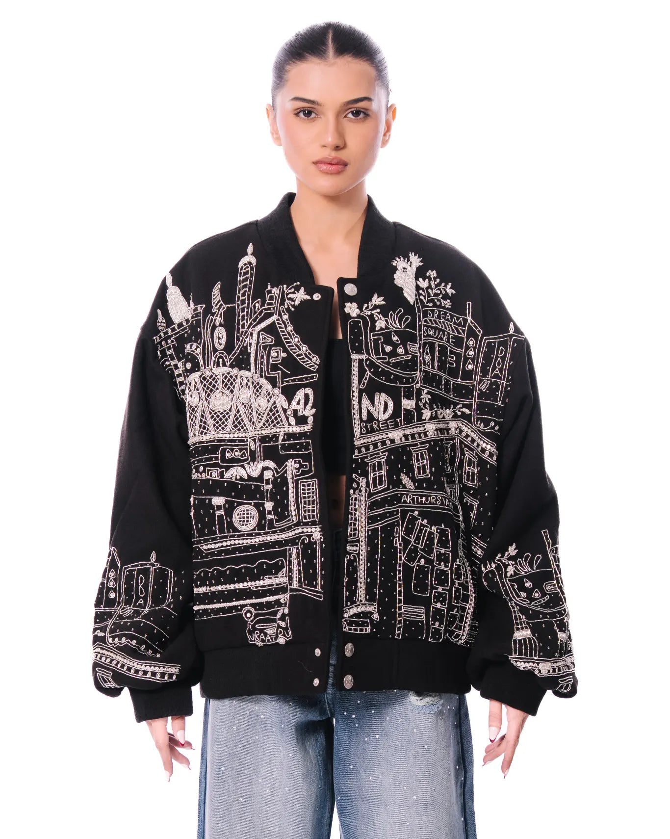 dreams of arthur black nyc skyline bomber cult store pakistan hand embroidered streetwear