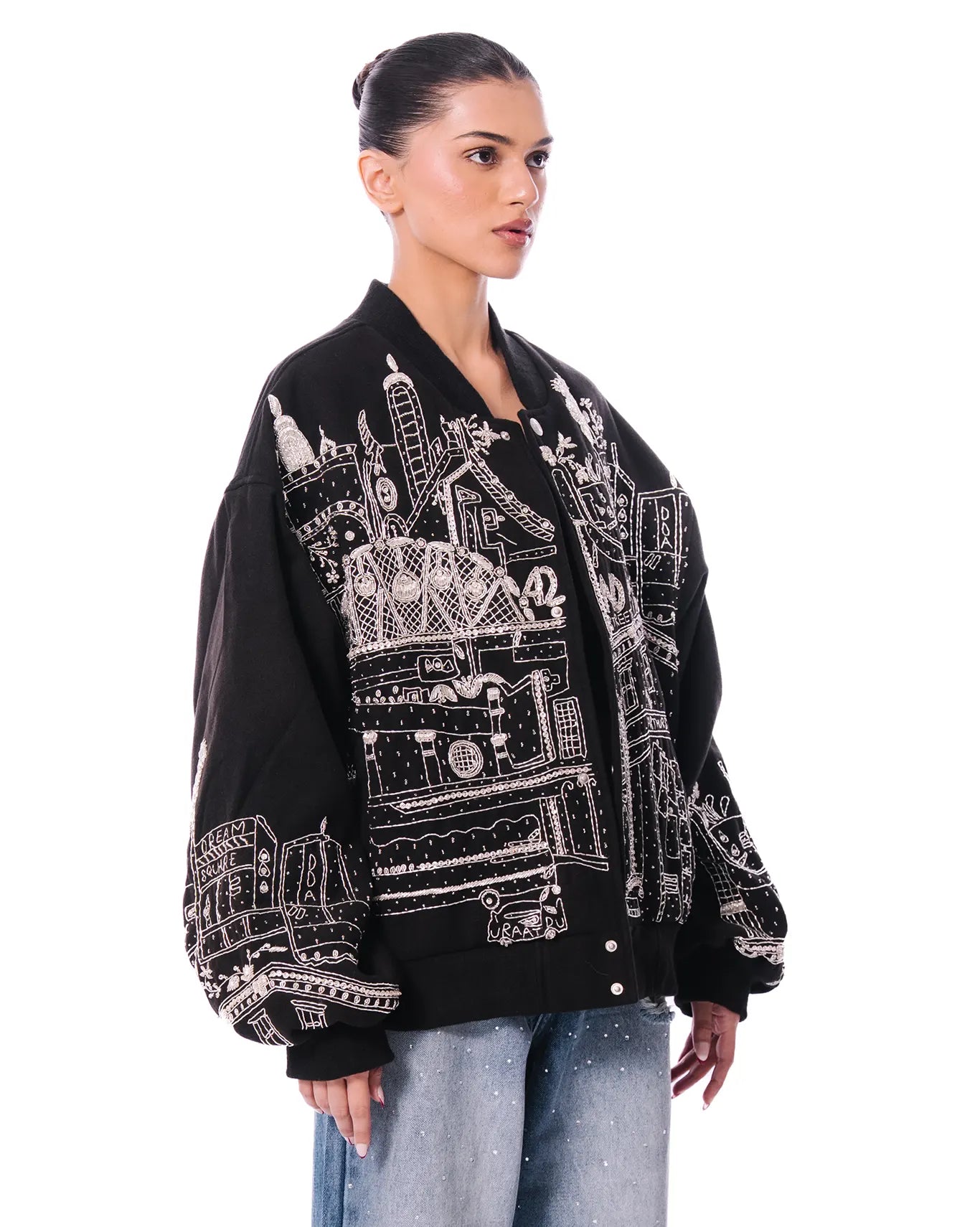 dreams of arthur black nyc skyline bomber cult store pakistan hand embroidered streetwear